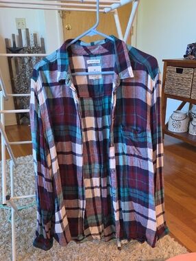 American Eagle Outfitters Plaid Button-Down Shirt - Teal, Burgundy & White